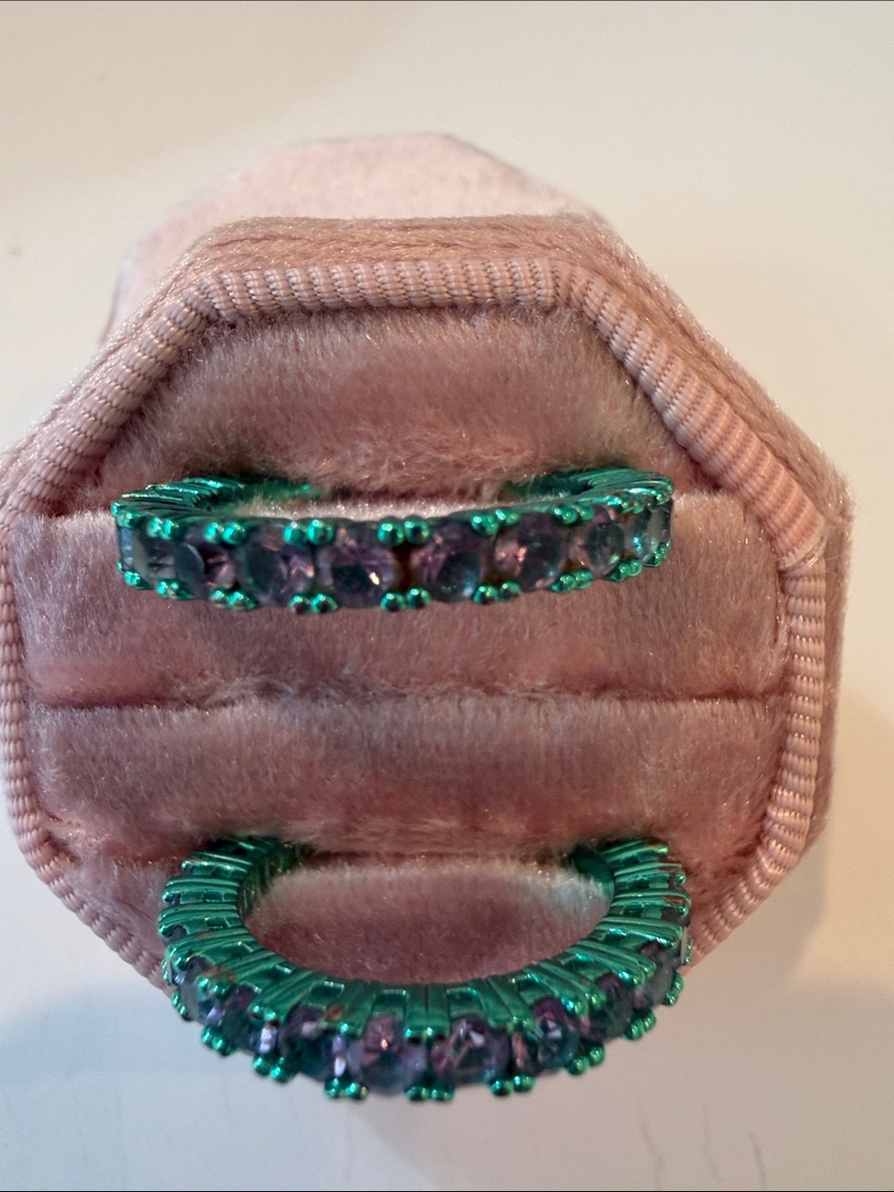 Kurt Geiger Green Circular Rings with Vibrant Purple Stones. Never Worn